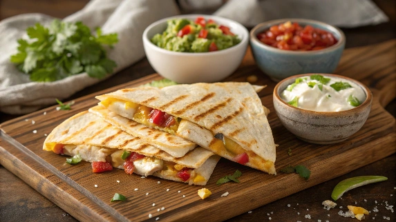 "Perfectly Crispy Chicken Quesadilla with Melty Cheese and Fresh Toppings"