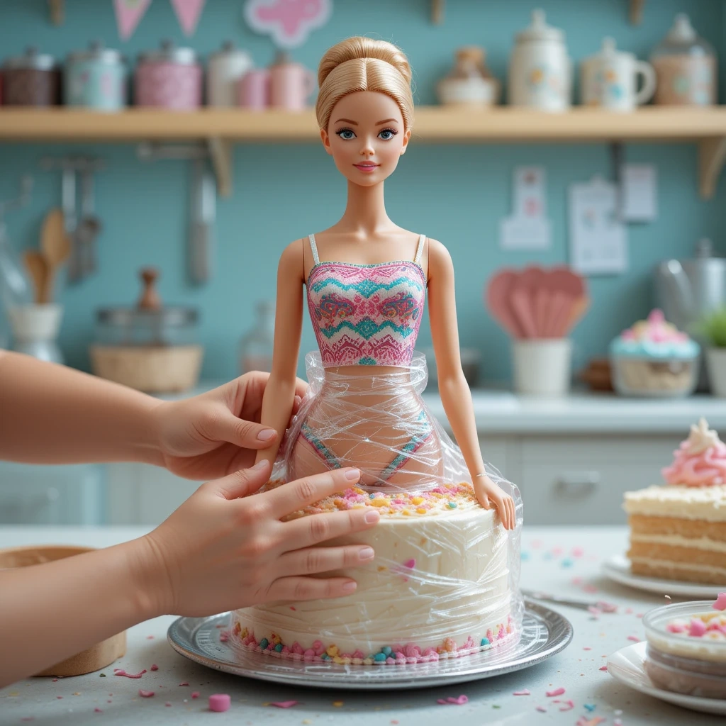 5 Quick Steps to Bake a Beautiful Barbie Cake for Birthdays 3 Barbie doll being prepped for cake.
