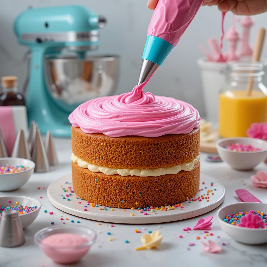 5 Quick Steps to Bake a Beautiful Barbie Cake for Birthdays 4 Pink buttercream icing being prepared for Barbie cake.