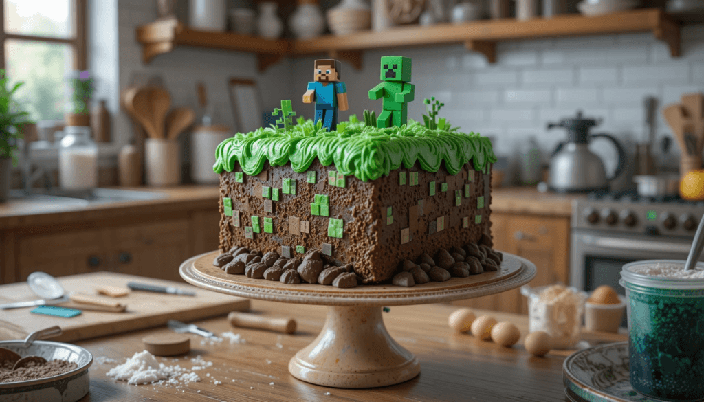 Minecraft Cake on Decorative Stand with Game-Inspired Decorations