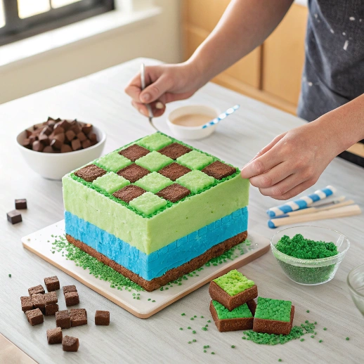 7 Easy Steps to Bake the Perfect Minecraft Cake at Home 4 realistic kitchen table scene hands decorating ezgif.com png to webp converter
