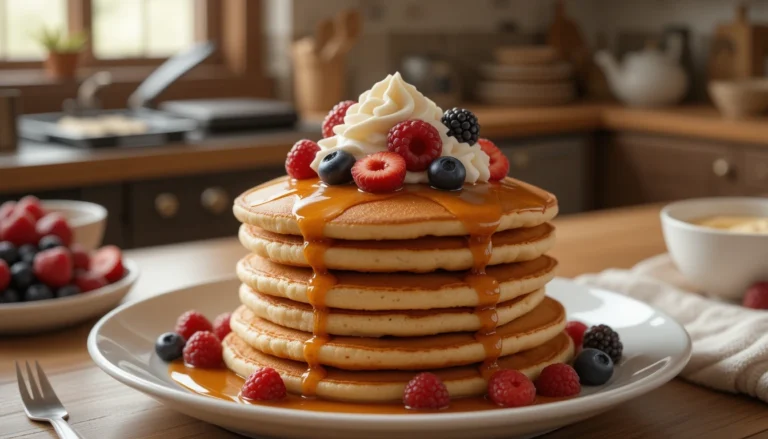 Stack of Fluffy Golden Pancakes with Butter and Syrup