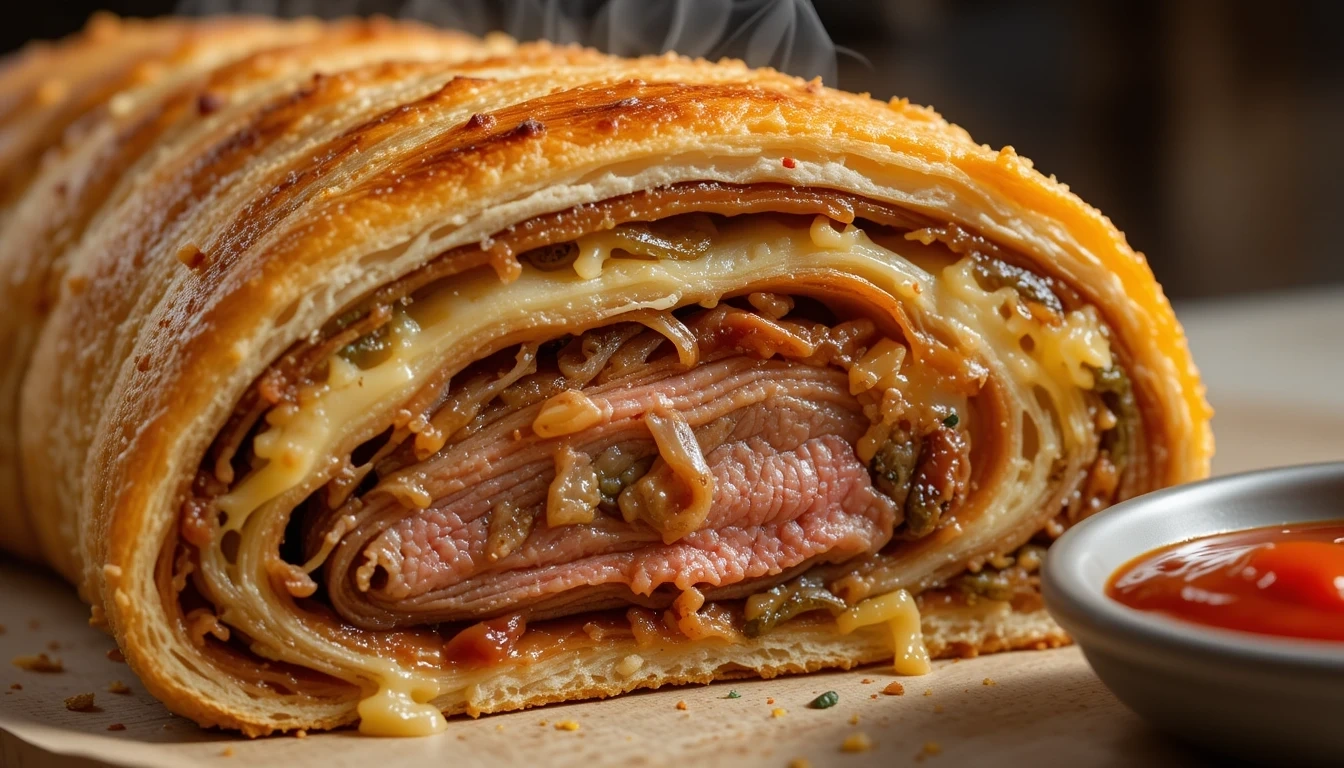 Golden-Brown Philly Cheesesteak Stromboli Filled with Beef, Peppers, Onions, and Melted Cheese"