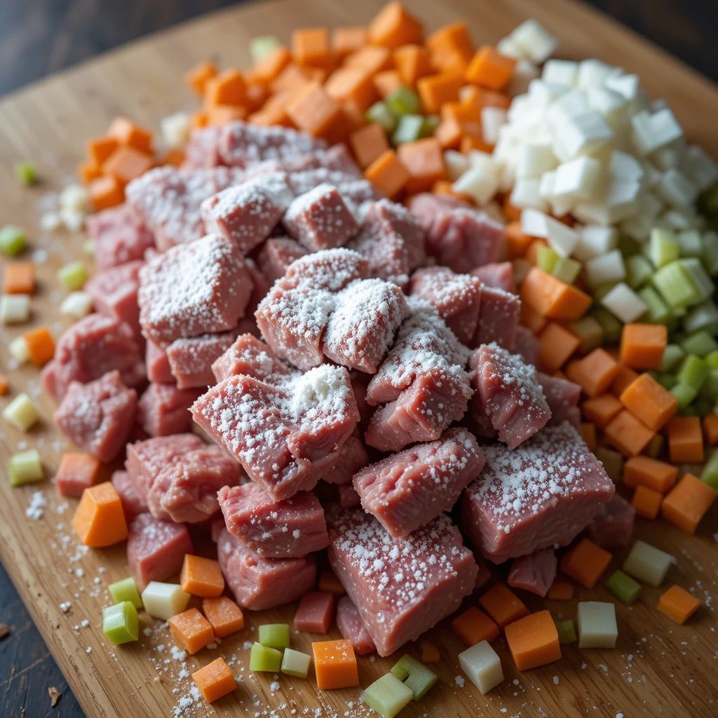 7 Easy Steps to the Perfect Beef Stew Recipe 2 Beef stew ingredients being prepped: diced beef, carrots, celery, onions, seasoned with salt, pepper, and flour.