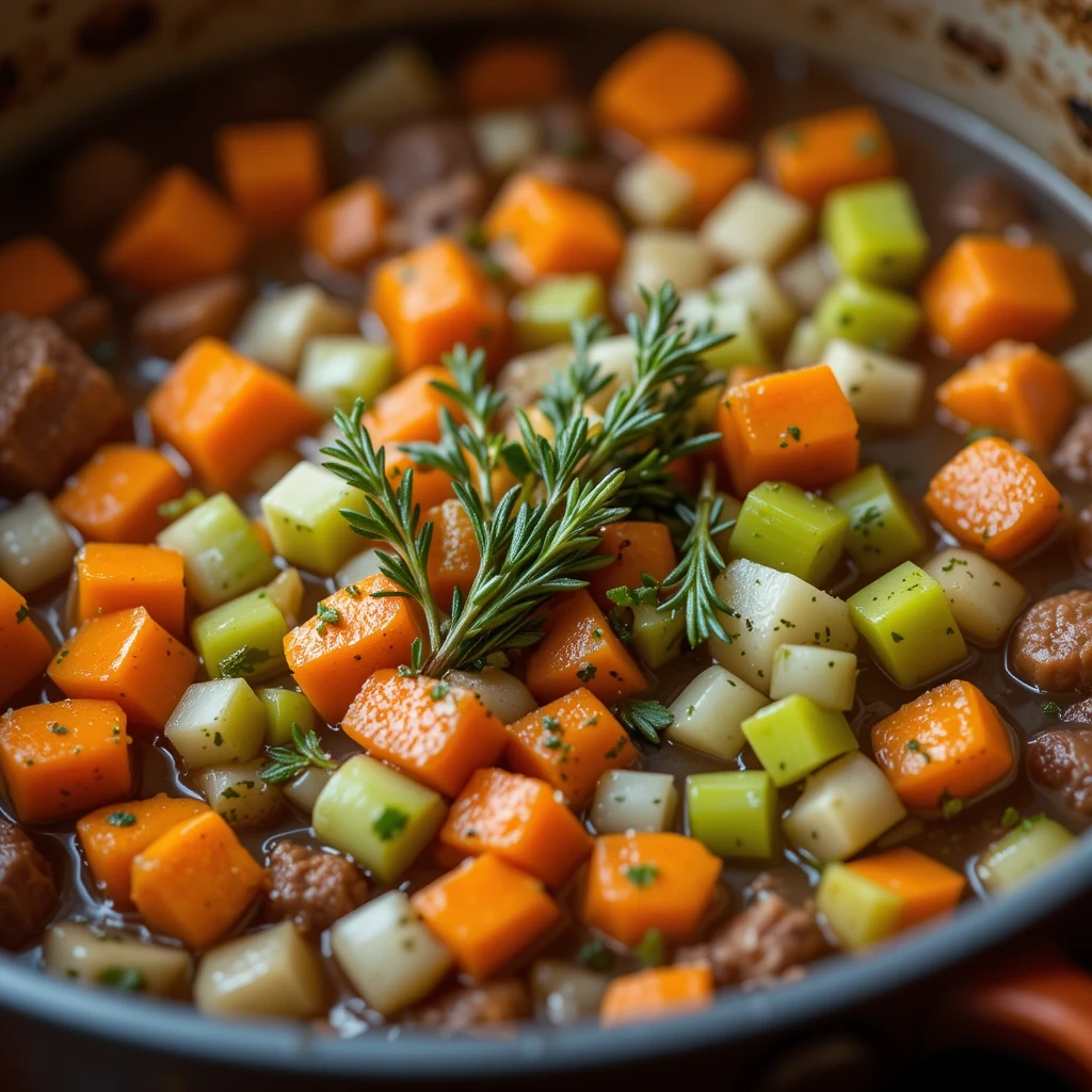 7 Easy Steps to the Perfect Beef Stew Recipe 4 Adding vegetables and herbs to beef stew.