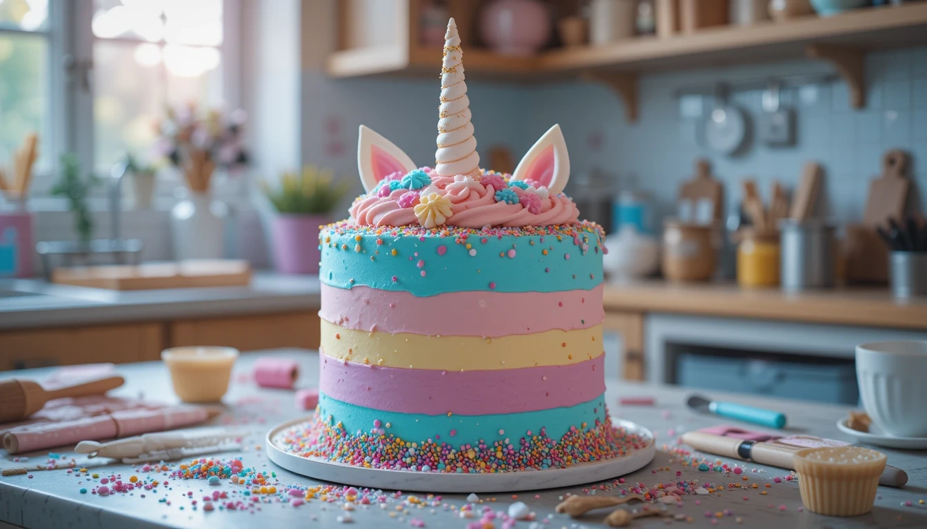 "Colorful Unicorn Cake with Buttercream Frosting and Fondant Decorations"