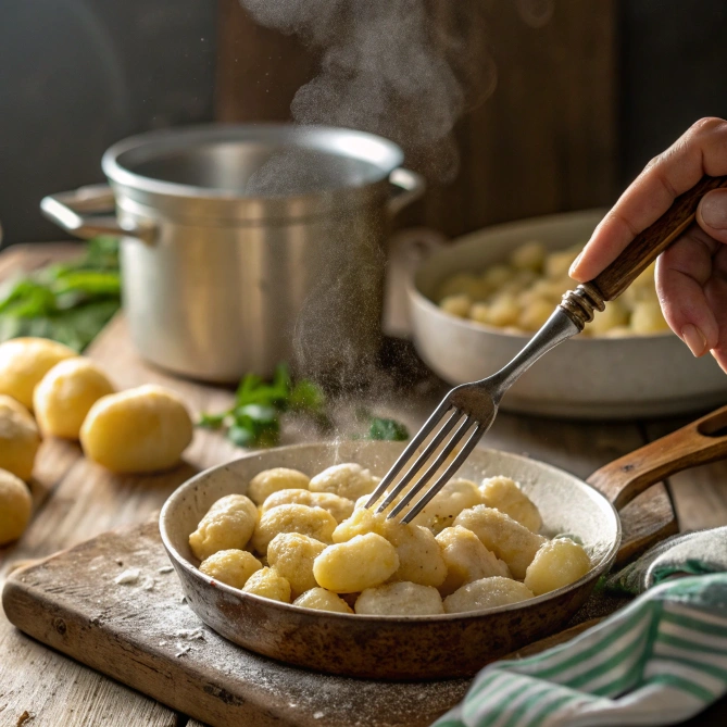 Potato gnocchi boiling in simmering water in a pot