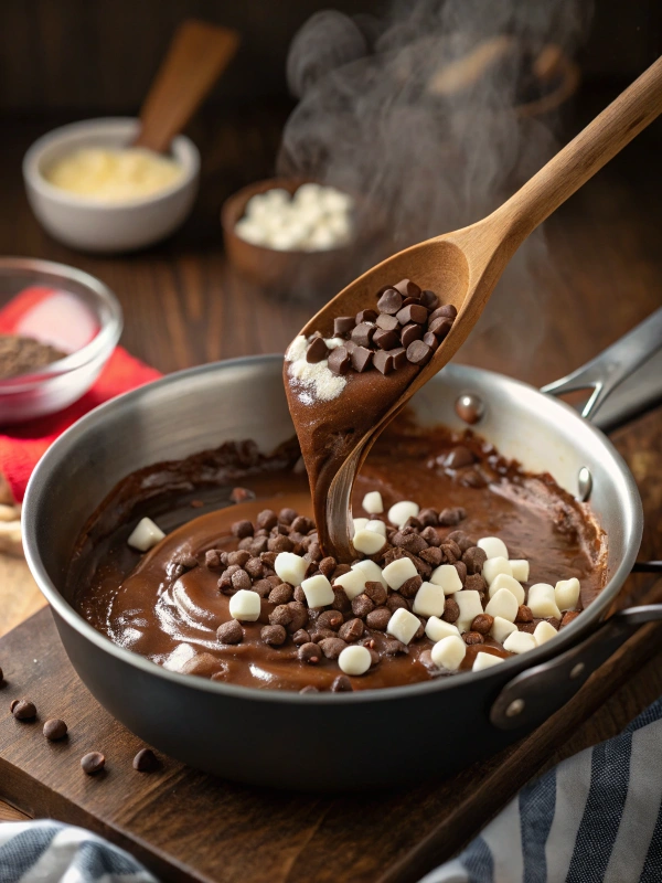 Adding Nuts and Marshmallows to Rocky Road Fudge Mixture