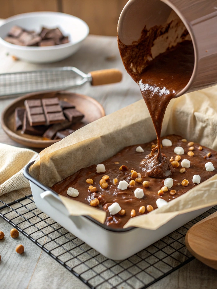 Pouring Rocky Road Fudge into a Lined Baking Pan