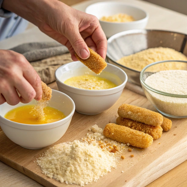 Coating Mozzarella Sticks with Breadcrumbs and Egg Wash