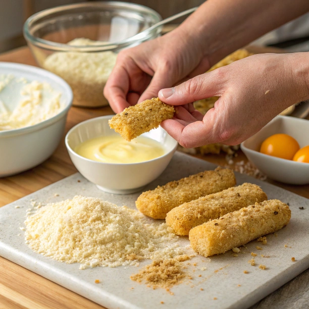 Coating Mozzarella Sticks with Breadcrumbs and Egg Wash