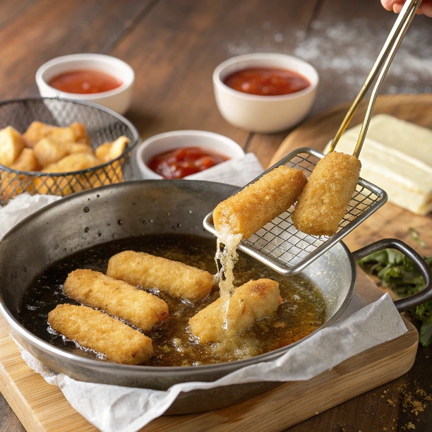 Coating Mozzarella Sticks with Breadcrumbs and Egg Wash