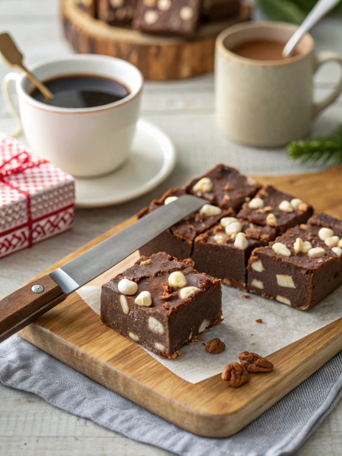 Cutting and Serving Homemade Rocky Road Fudge Squares