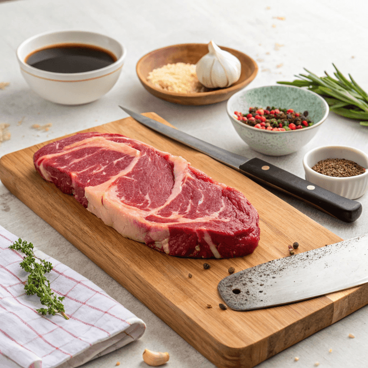4 Proven Steps to Make the Best Beef Flap Meat Steak 2 a realistic image of raw beef on a wooden cutting