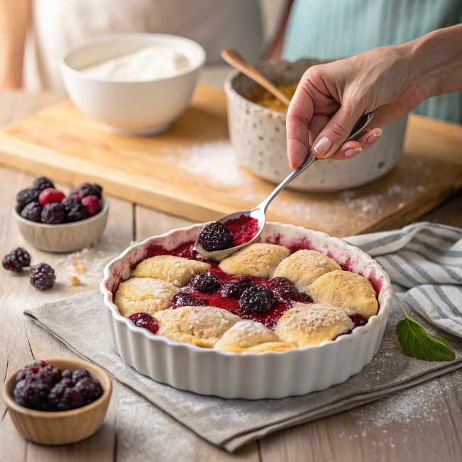 Layering Sweet Blackberry Cobbler with Homemade Dough