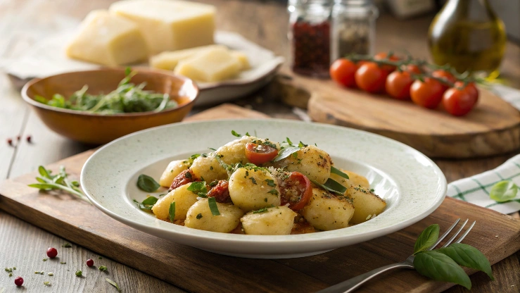 Wooden gnocchi board with ridges used for shaping homemade potato gnocchi