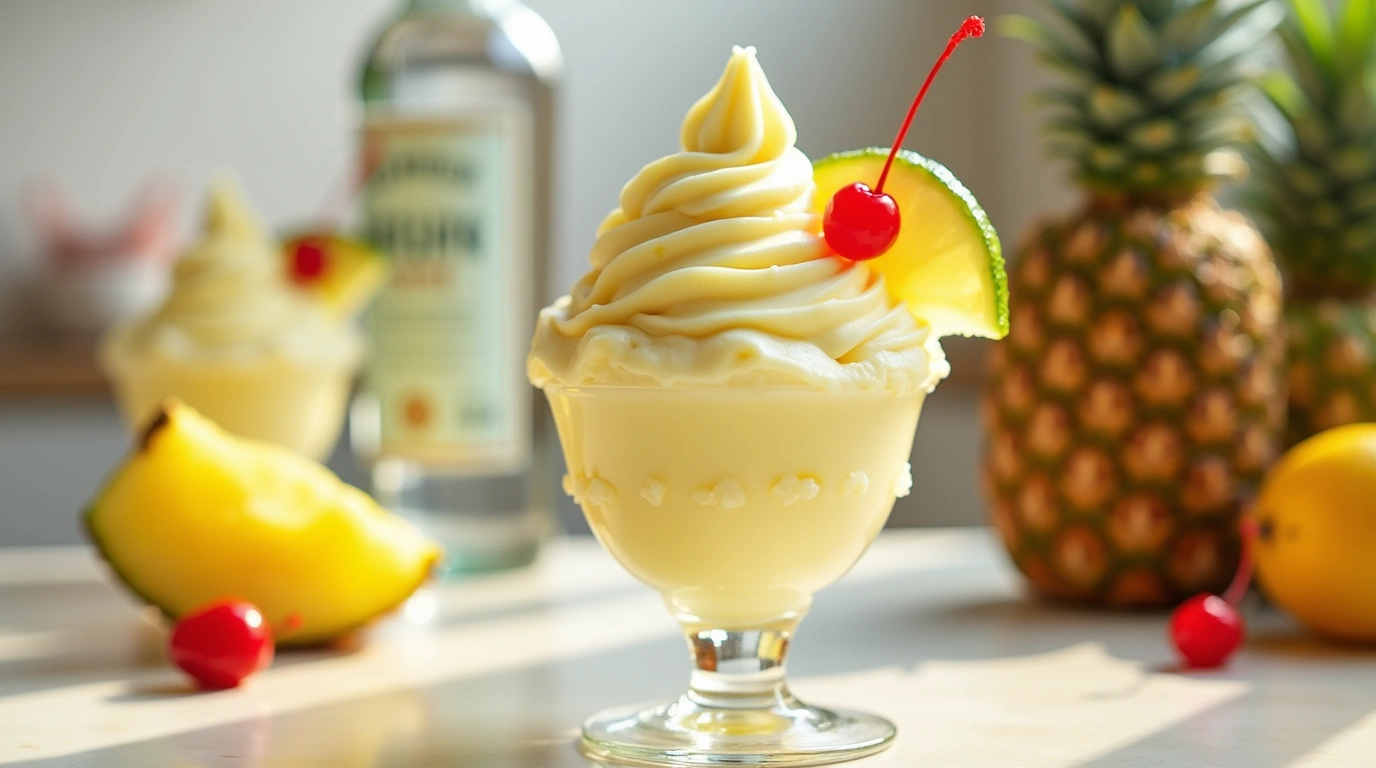Boozy Dole Whip Dessert in Glass with Pineapple Garnish
