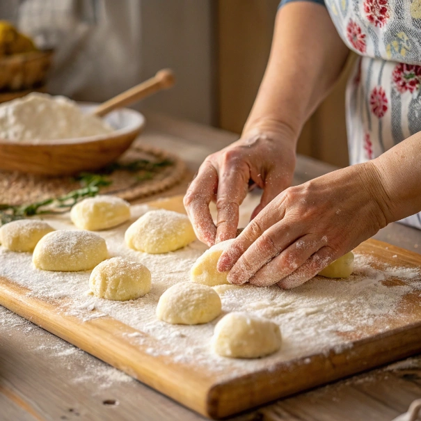 Hands kneading soft potato gnocchi dough on a floured wooden surface