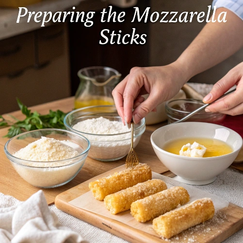Preparing Fresh Mozzarella Sticks with Coating Ingredients