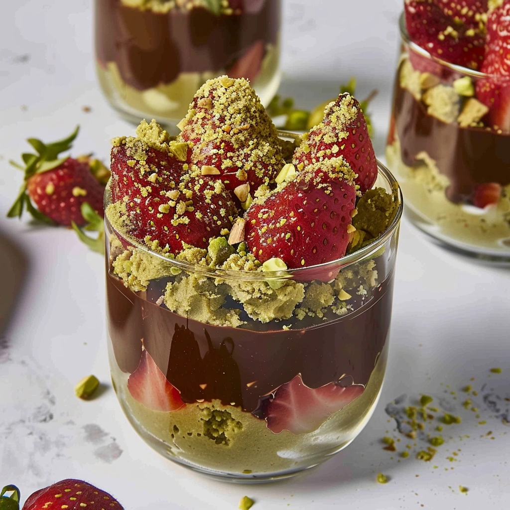 Dubai chocolate covered strawberries in layered dessert cup