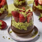 Dubai chocolate covered strawberries in layered dessert cup