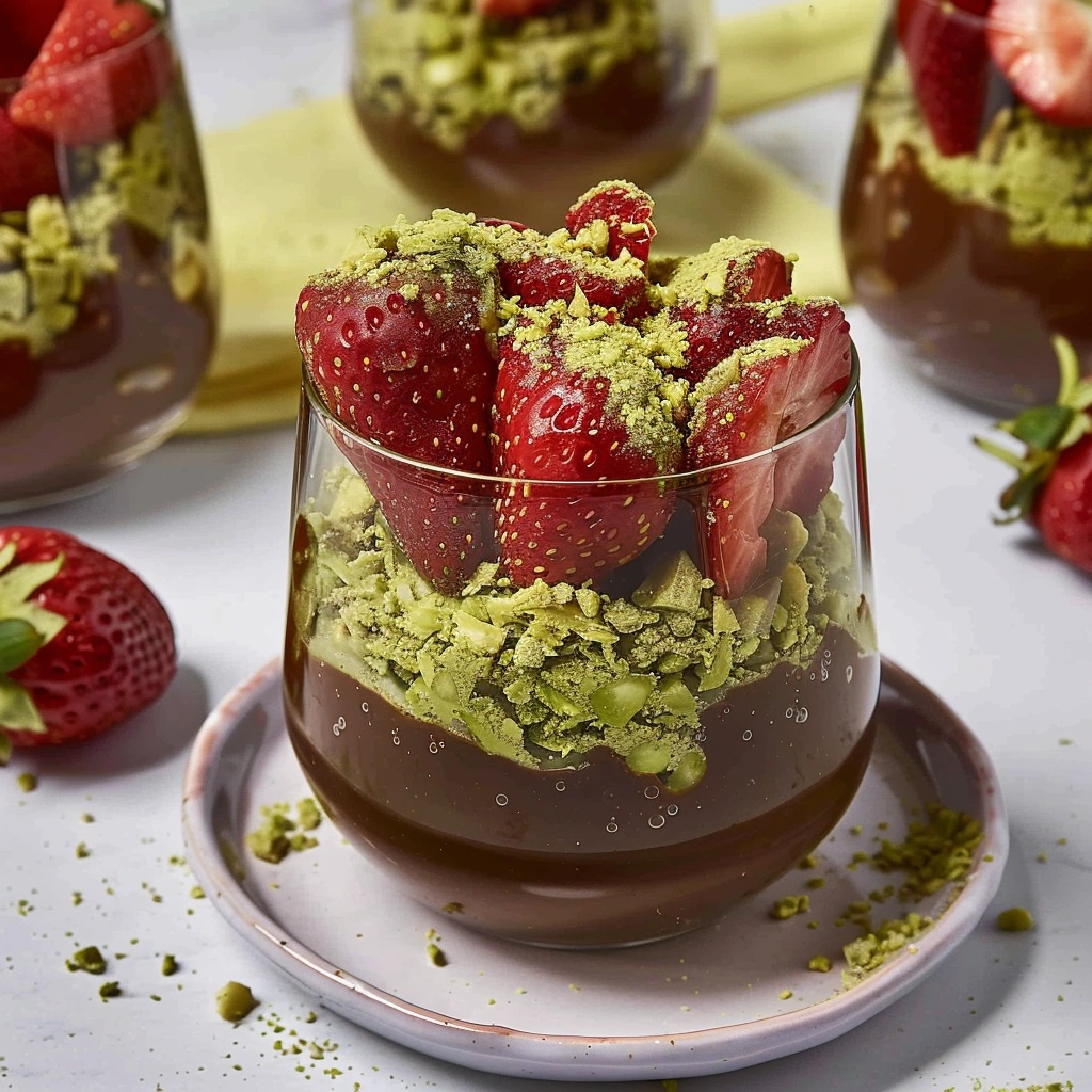 Dubai chocolate covered strawberries in layered dessert cup