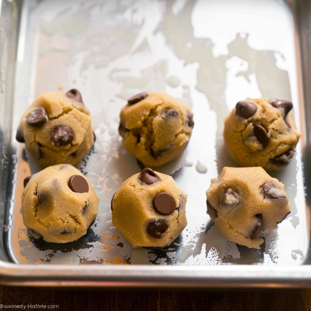 Scooped dough balls for soft chocolate chip cookies