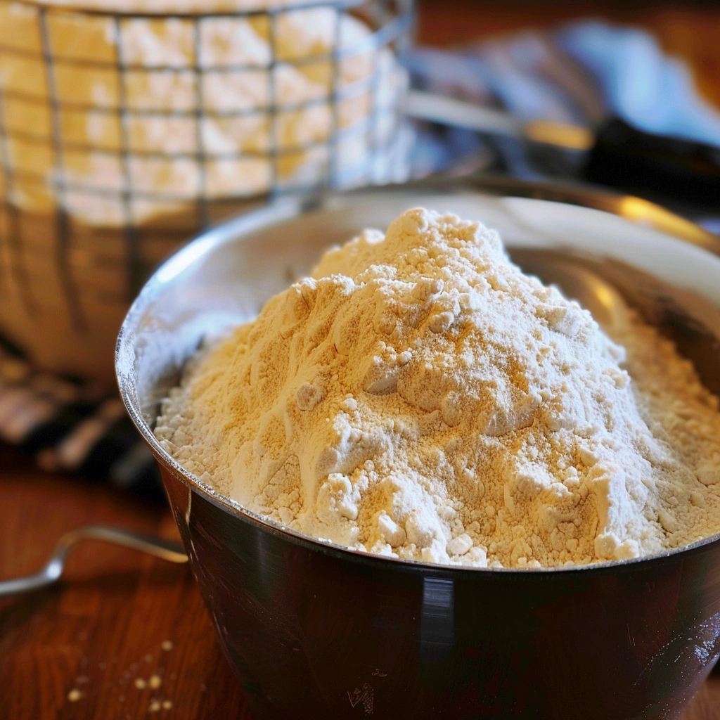 Homemade gluten free flour baking mix in glass jar