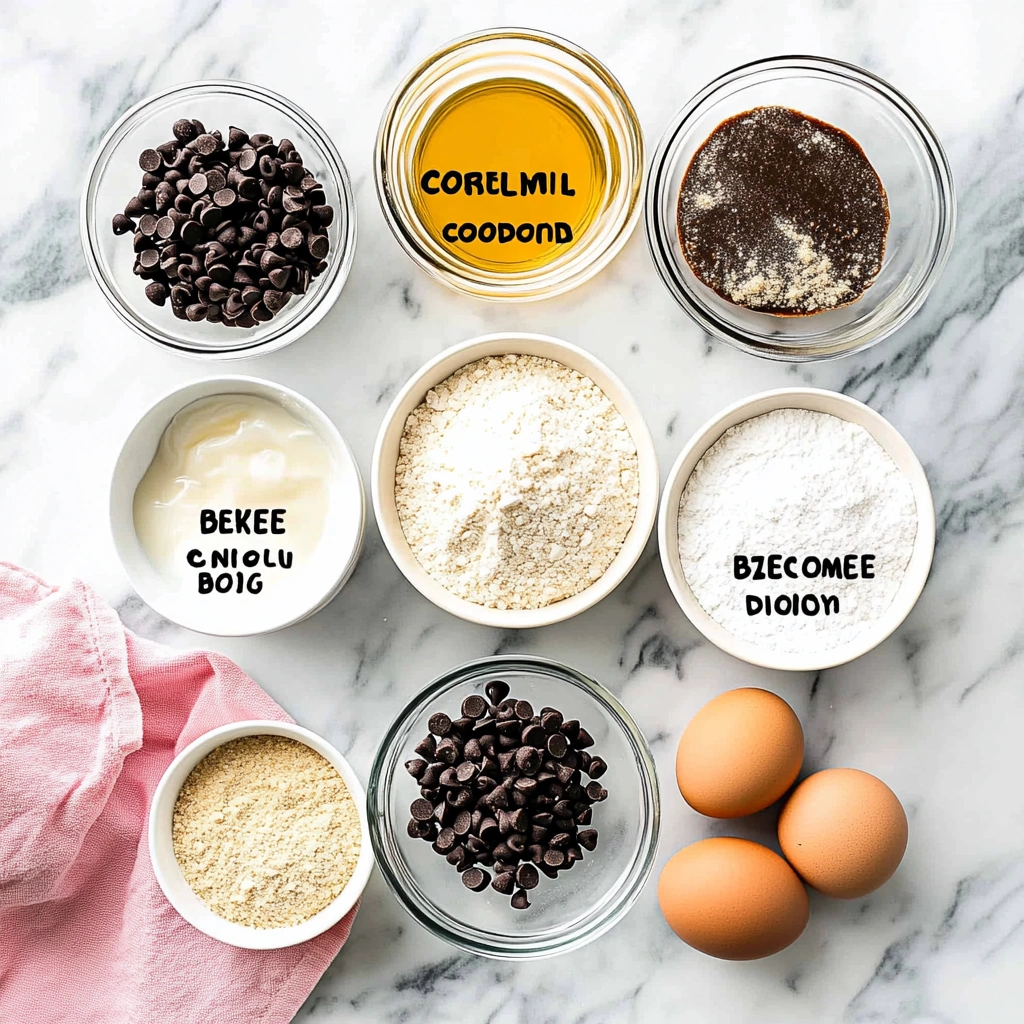 Key ingredients for chewy soft chocolate chip cookies including melted butter, brown sugar, egg yolk, vanilla, and chocolate chips

